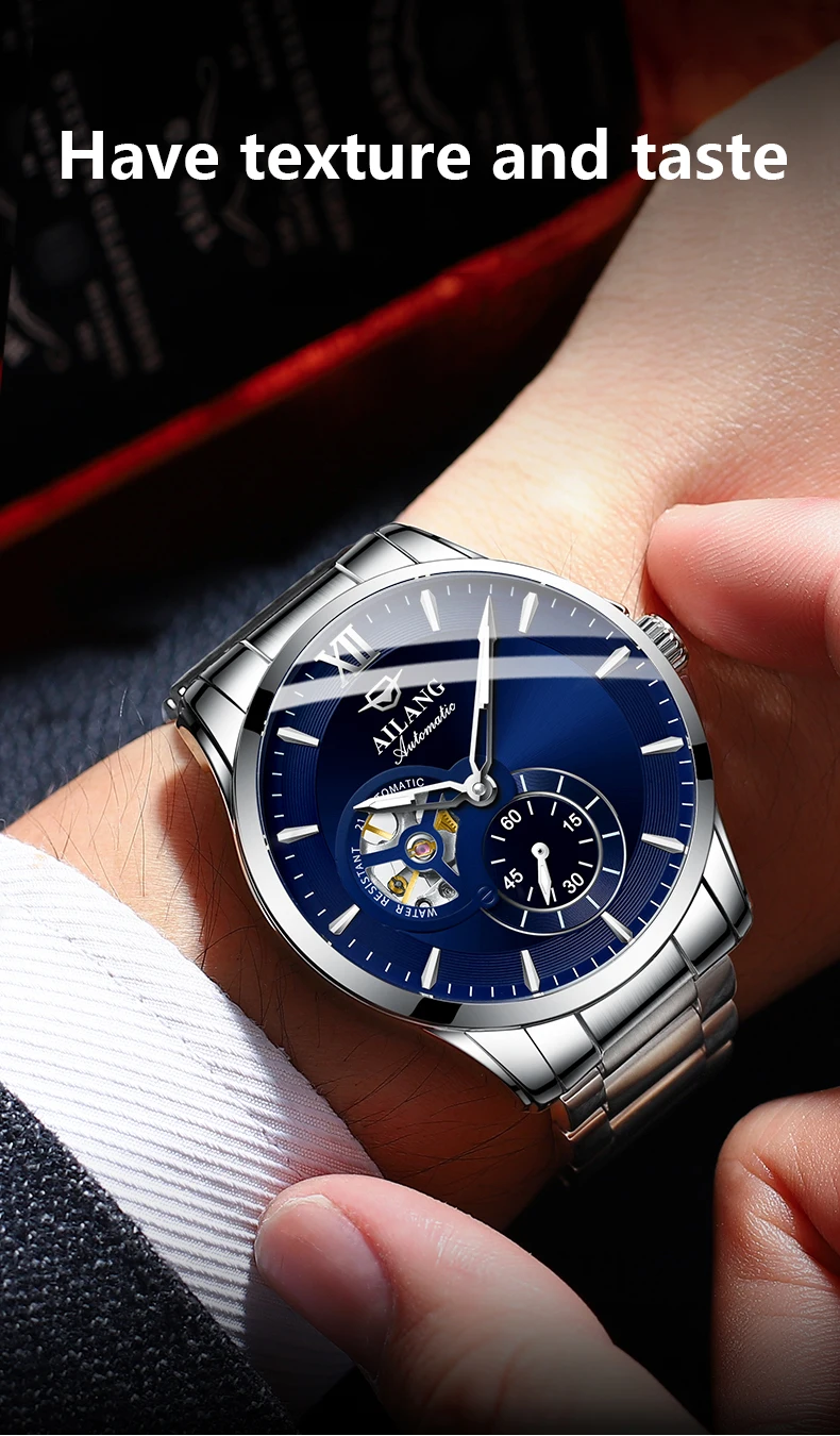 AILANG 2024 Fashion Blue Mechanical Watch For Men Stainless Steel Mens Watches Top Brand Luxury Automatic Skeleton Wristwatches_voghion.com