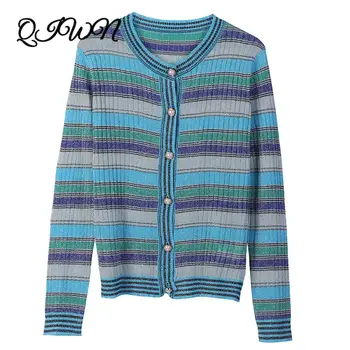 

Vintage Autumn Winter New Women O-neck Long Sleeve Striped Knitted Cardigan Slim Coat Single Breasted Brand Design Sweater 2020