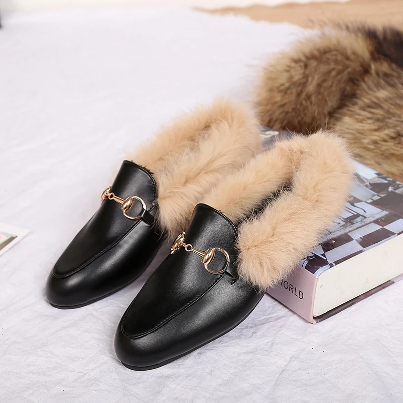 

shoes woman 2019 Metal buckle flats winter warm fur loafers women shoes ladies moccasins mujer zapatillas hombre