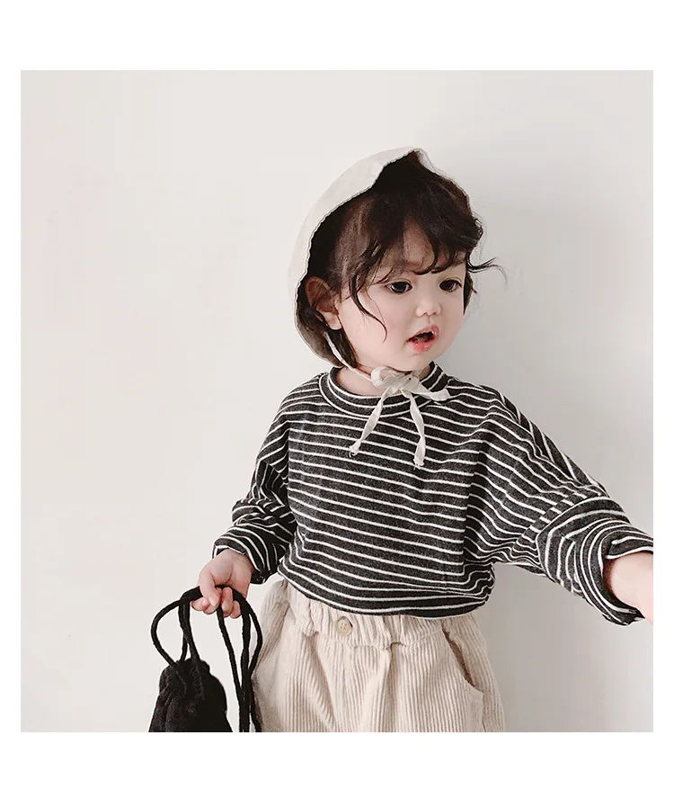 Детская футболка Топ из эластичного материала в полоску с круглым воротником и длинными рукавами, базовая майка с открытыми плечами, идеальный пуловер 1-6Y