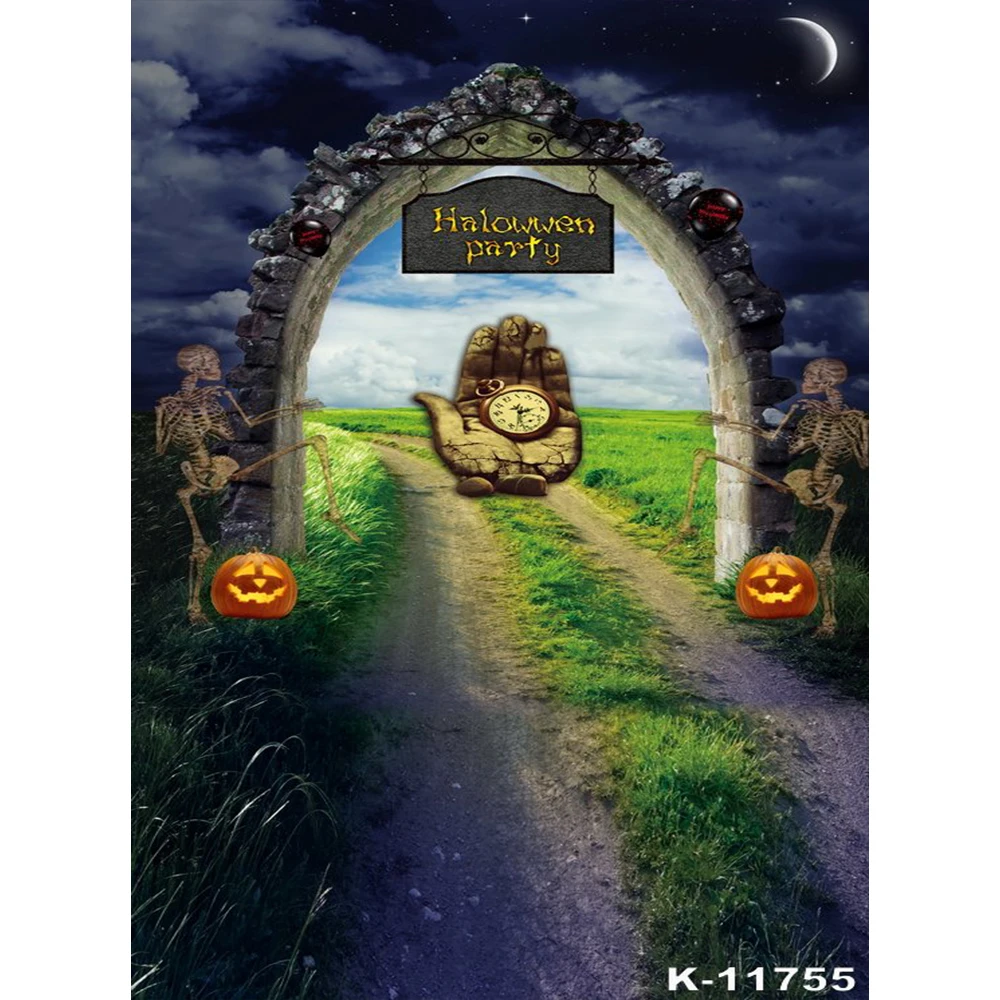 

Happy Halloween Backdrop for Photography Pumpkin Lantern skeleton Stone arch Photo Booth Decor Background studio Props