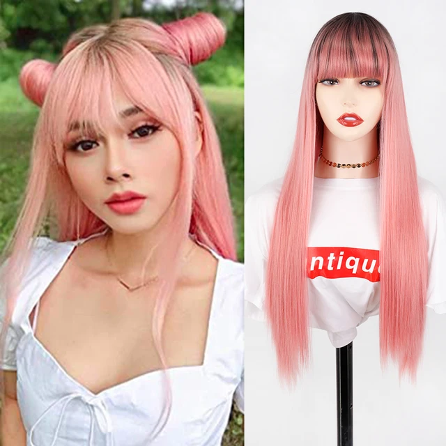 Synthetic Hair Pink and Black Wig Long Straight hair Cosplay Wig Two Tone Ombre Color Women Wigs R2-97C