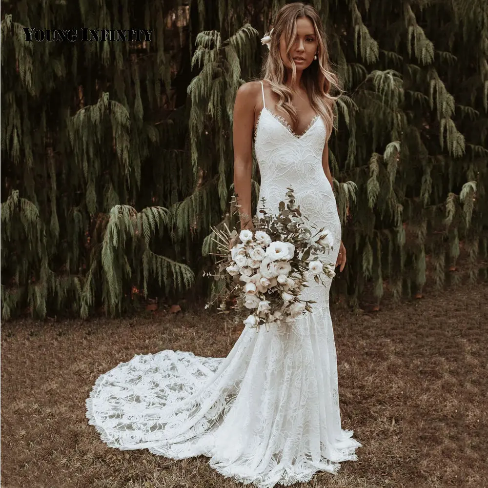 

Женское свадебное платье с юбкой-годе, кружевное платье с V-образным вырезом, открытой спиной и аппликацией, длиной до пола, лето 2021