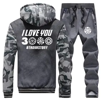 

Winter Mens Jackets sweatpant Sets Thick Warm Jacket + Pant suit The Avengers 4 Iron Man I Love You 3000 print Tracksuit Hoodies