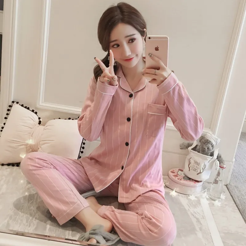 

[Htc sheng] Spring And Autumn Pajamas Women Long Sleeve Cardigan Tracksuit Bean Paste White Stripe Double-Sided Set
