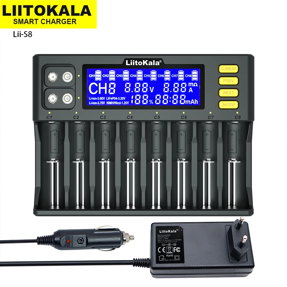 

LiitoKala Lii-S8 18650 Charger LCD Display Universal Smart Charger for 32700 26650 18650 18350 21700 18500 AA AAA battery