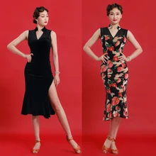 Женское платье для латинских танцев, сальсы, Танго, румбы, ча-ча, бальных танцев, китайское платье, Ципао, стиль, v-образный вырез, Сексуальная Одежда для танцев