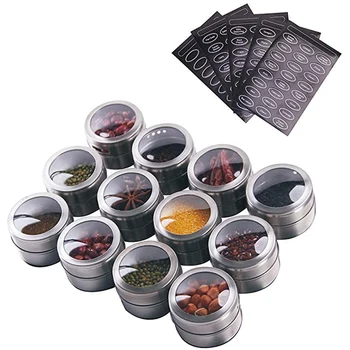 

12 Powerful Magnetic Spice Tins- Stainless Steel Spice Storage Containers, Kitchen Spice Jars with Clear Lid with Sift & Pour,
