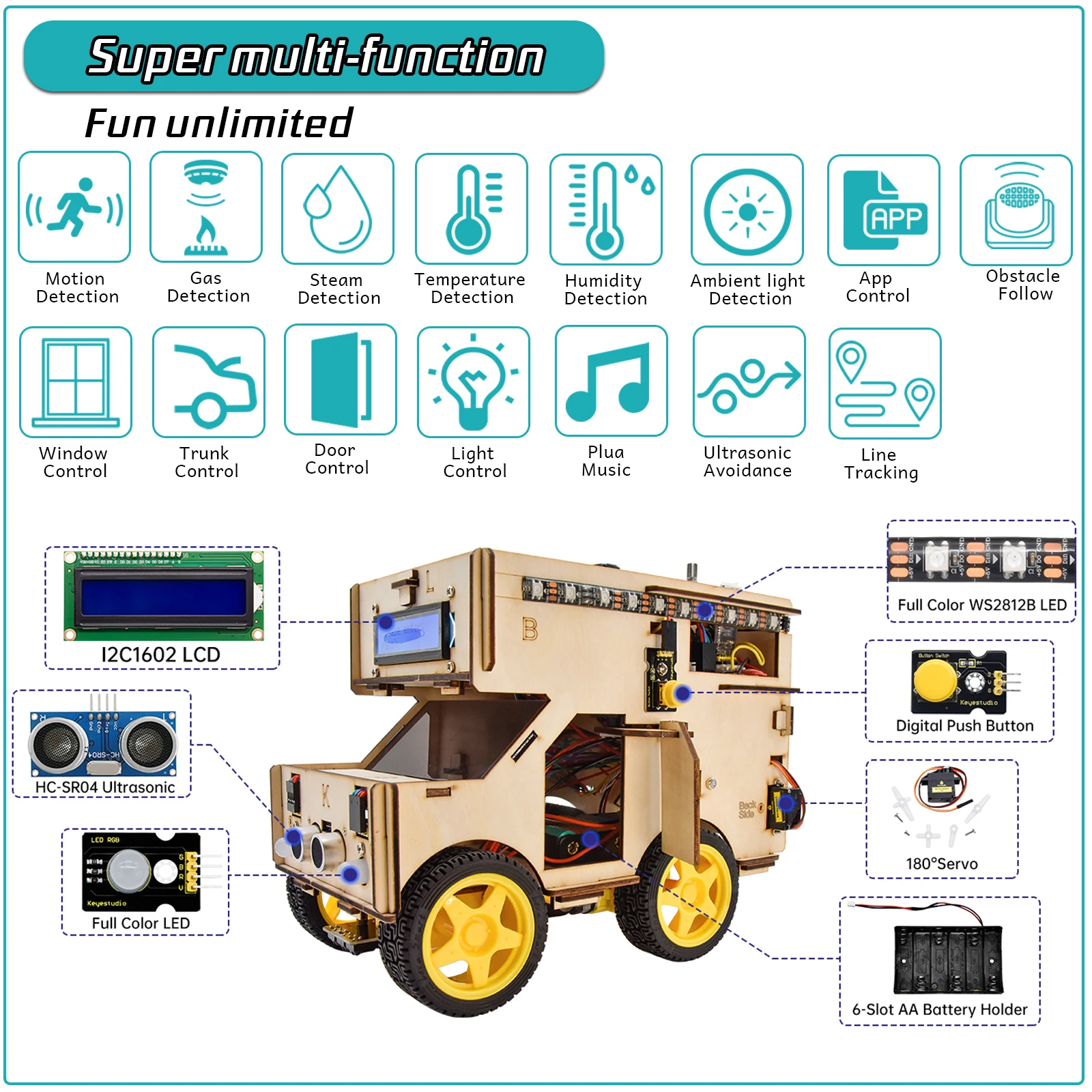 Kit Robô carro-casa STEAM (Android/IOS) Arduino Keyestudio – ABC