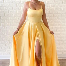 Желтые Длинные атласные Холтер Выпускные платья с высоким разрезом стороны крест-накрест сзади Формальное вечернее бальное платье Robe De Soiree