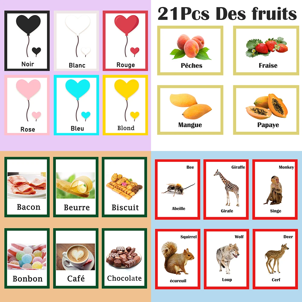 85Pcs French Animals/Fruit/color/food English Learning Card English Learn  Card Early Education Children's Games Word Pocket Card