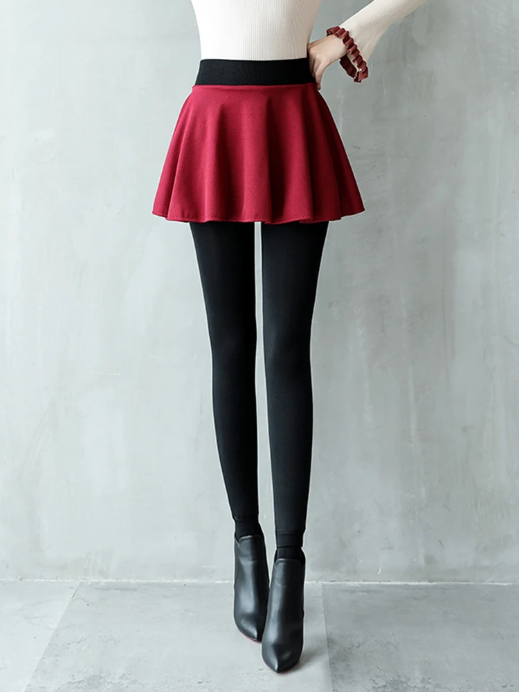 Женские Модные осенне-зимние эластичные теплые бархатные леггинсы комплект из двух предметов, леггинсы и юбки, женские штаны, pantalon femme - Цвет: Wine Red