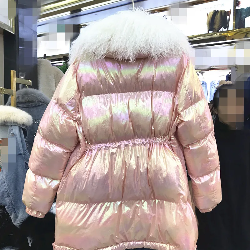 Новая Зимняя шерстяная одежда с большим меховым воротником и хлопковой подкладкой, женское серебряное яркое длинное пальто, женская толстая теплая куртка