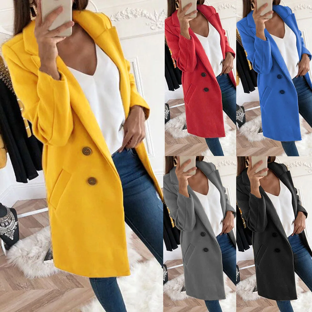 

Women Spring/Autumn Long Sleeve Woolen Coat Fashion Lady Solid Color Turn-down Collar Double Breasted Mid-length Coat