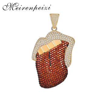 

Hip hop Mouth Tongue Pendant Necklace Gold Silver Color Micro Pave Cubic Zirconia Rock Band Rolling Stone Mens Jewelry