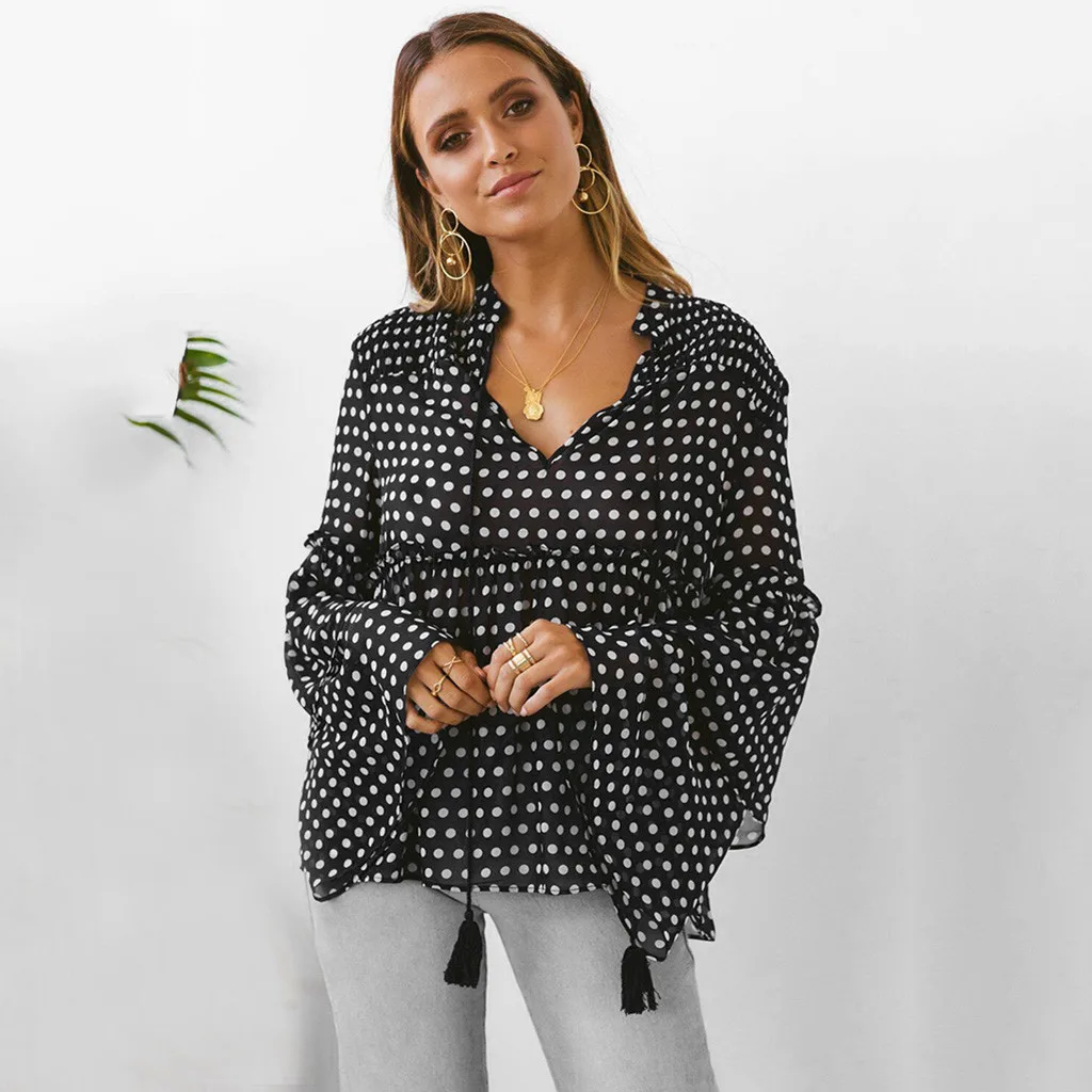 SAGACE женский свободный шифоновый топ в горошек с длинным рукавом и осенне зимний