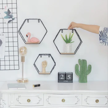 

Elegant Style Wall Mounted Hexagon Iron Art Storage Shelf Hanging Flower Plant Pot Living Room Decor Book Rack