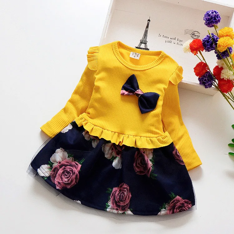 Одежда для маленьких девочек; весеннее платье для малышей; платье с цветочным рисунком для девочек; хлопковое детское платье с длинными рукавами; модная детская одежда - Цвет: 081008-Yellow