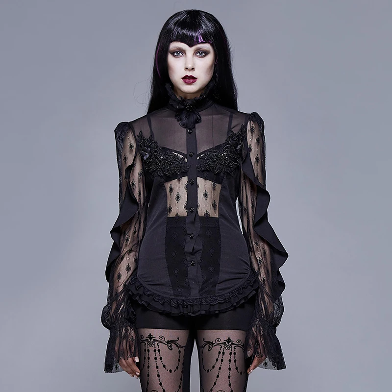 

EVA LADY Women's Gothic Sexy Transparent Lace Long Sleeve Shirt Fashion Adjustable Puff Sleeve Daily Casual Blouses Top