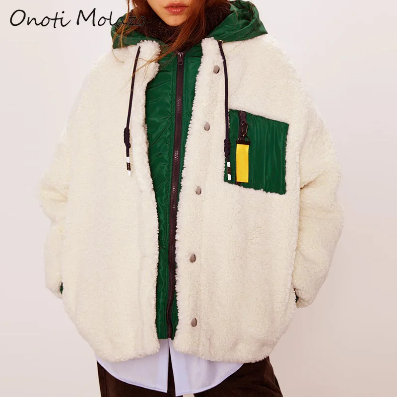 New  Onoti Molazo Jackets Coats Women Fur Thick Winter with Hat Zipper Casual Ladies Teddy Coats Jacket 