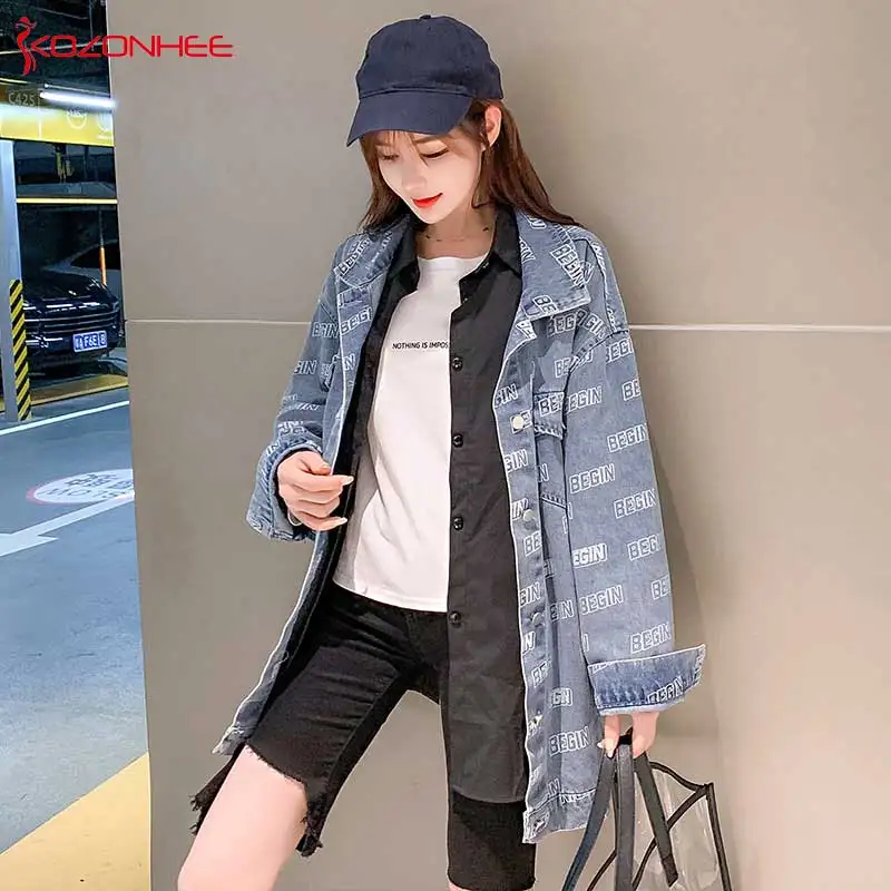 

Fashion Letter printing Women Long Denim Jacket Jeans Coats Casual pocket Jackets Women Vintage Jeans Jacket For Girl Woman #65