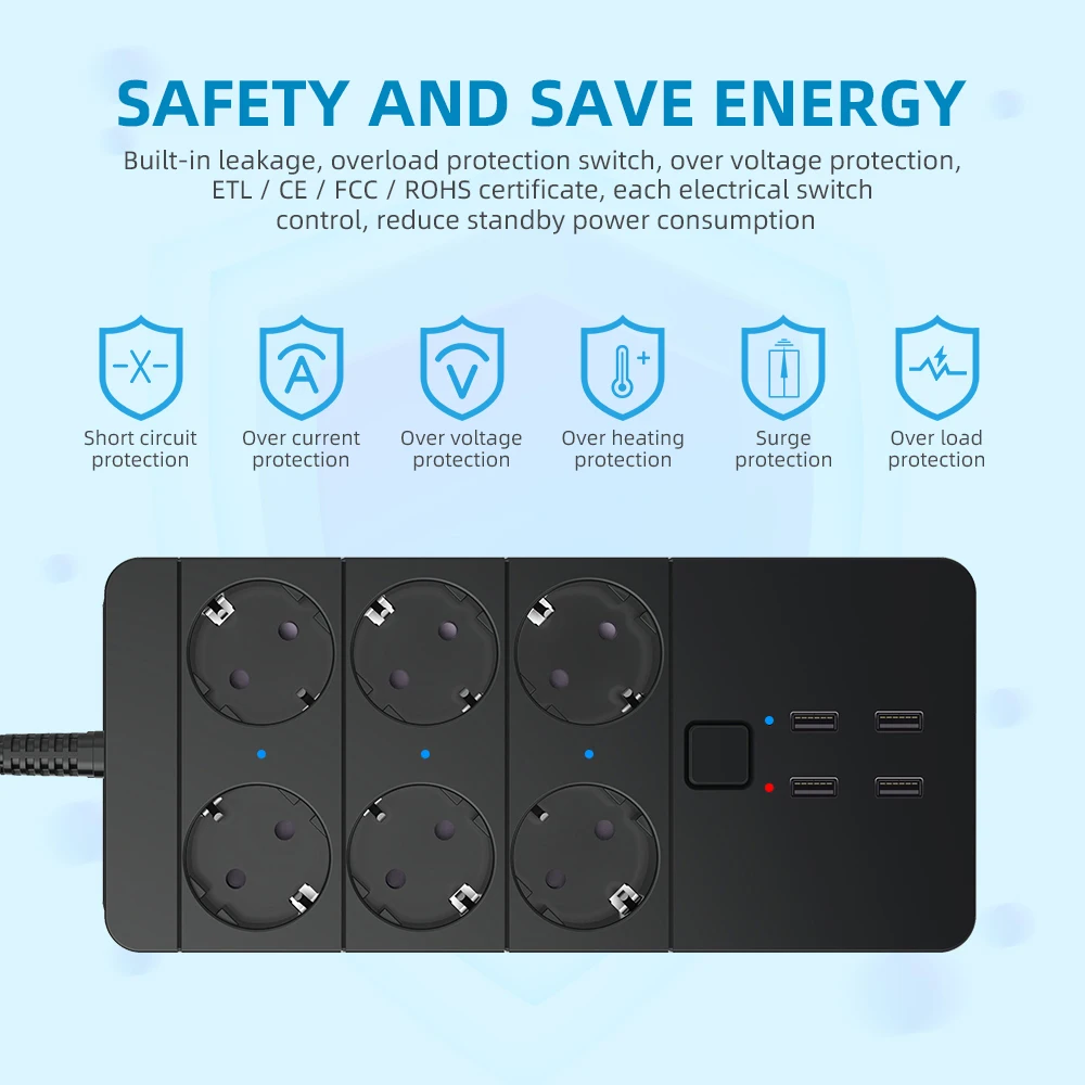 Regleta inteligente Wifi 4/6 EU, 4 tomas USB, 5V, 3.1a, puerto de carga,  temporizador, Control Bluetooth, con asistente Alexa GoogleHome