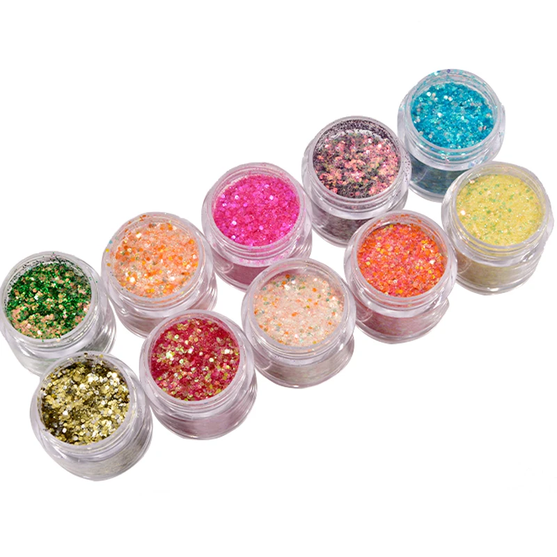 

10ML/Box Nail Art Mixed-Size Flake Powder Hexagon Iridescent Chunky Hexagon Sequins Broken Flake For Manicure Glitter Nail Flake
