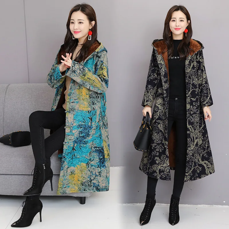 

2019 Winter New Style National Style Large Size Dress Printed Cotton Linen Brushed And Thick Frog Hooded Cotton Overcoat