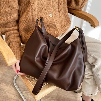 

Vintage Large Women Shoulder Bag With Zipper 2021 Trend High Quality Soft PU Leather Handbags Big Solid Simple Hand Bag Travel