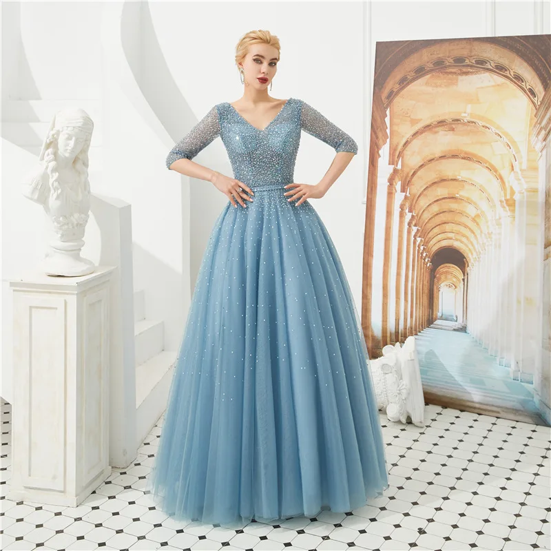 

Evening Dresses with 3/4 Long Sleeves Sexy V Neck Beaded Sequins Prom Party Gowns Tulle A Line Lace up Back Mother of the Bride