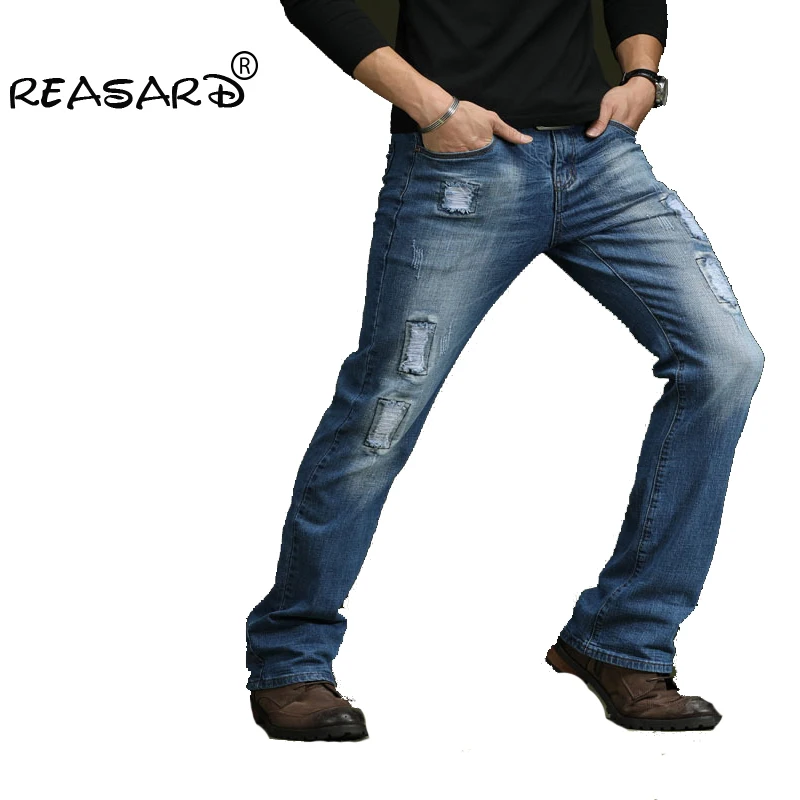Pria Bootcut Jeans Biru Menyala Ripped 