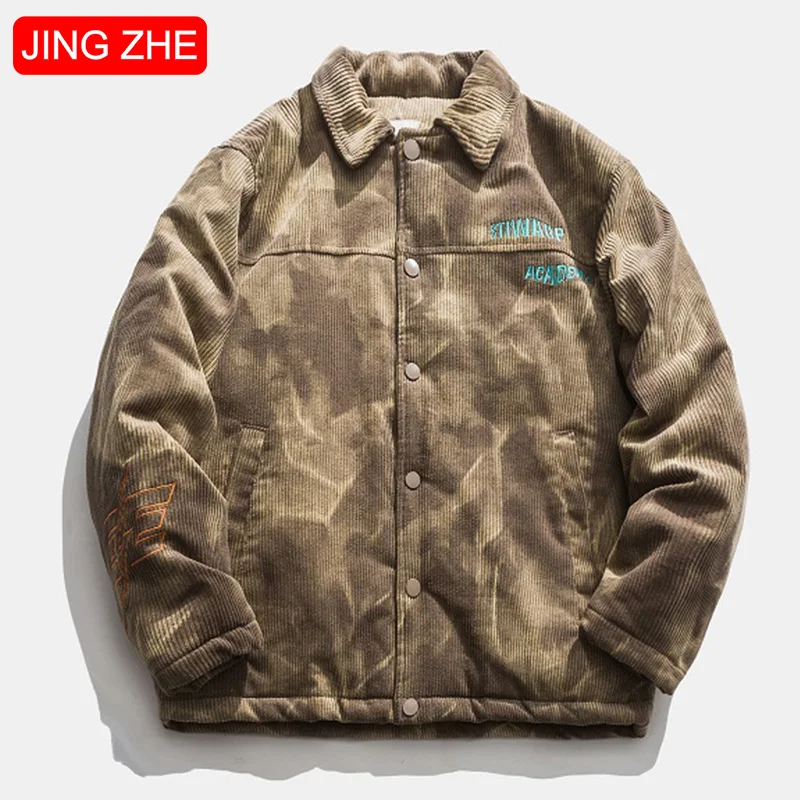 

JING ZHE Corduroy Men's Jacket Winter Women Jackets Tie-dyed Cotton Coat Male Padded Outwear Fashion Thick Stand Collar Parka