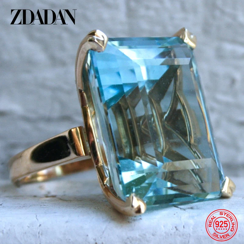 ZDADAN 925 Sterling Silver Aquamarine Gemstone Ring For Women Fashion Party Jewelry Gifts