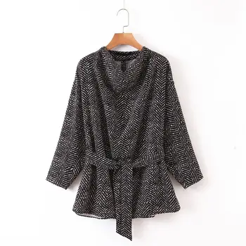 

Simple ladies twill top 2019 fashion new women's belt black and white elegant long-sleeved fashion shirt