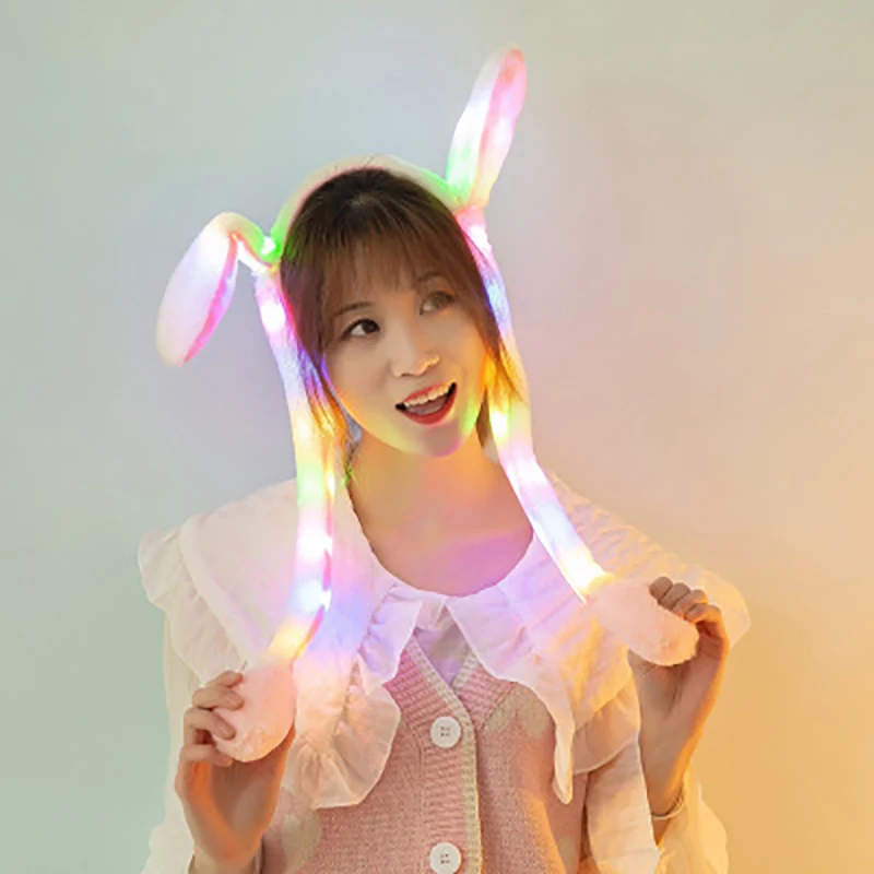 Rabbit Ear Hat Cute Funny Hand Pinching LED Light Cute Rabbit's Long Ear Headband Moving Cotton Plush Toy Cap Ear Hat Toy