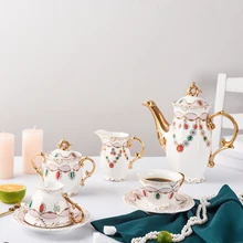 

Luxury Ruby And Emerald Phnom Penh Coffee Set European Court Style Coffee Cup Saucer Milk Jar Sugar Bowl Pot Afternoon Tea Set