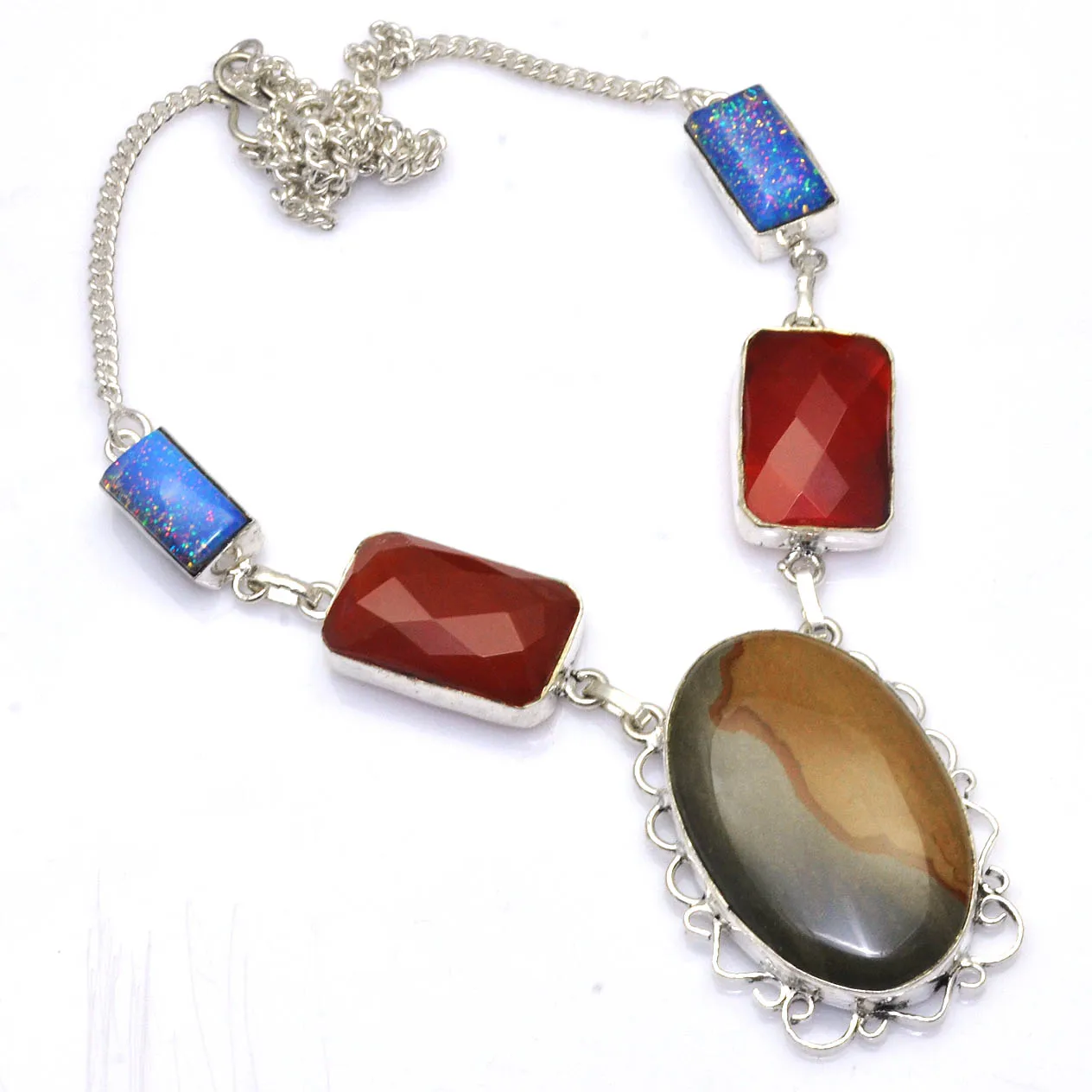 Echte Jaspis Solar Quarz Chalcedon Blau Sonnenstein Korallen Achat Perle Peridot Shiva Eye Citrin Halskette Silber Kupfer