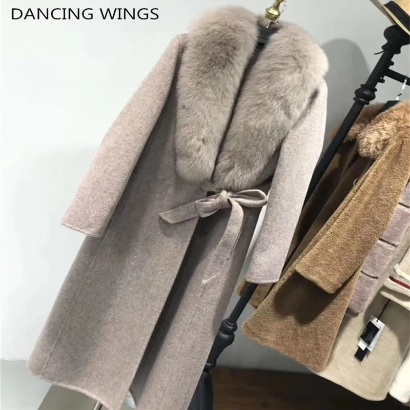 

Hot Sale Winter Female Overcoats Natural Real Fox Fur Collar Wool Jacket Women Long Trench Coat Real Fur Coat