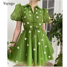 

Verngo Modest Green Tulle Formal Evening Dresses Puff Short Sleeves High Neck 3d Flowers Buttons Front 2021 Prom Gowns