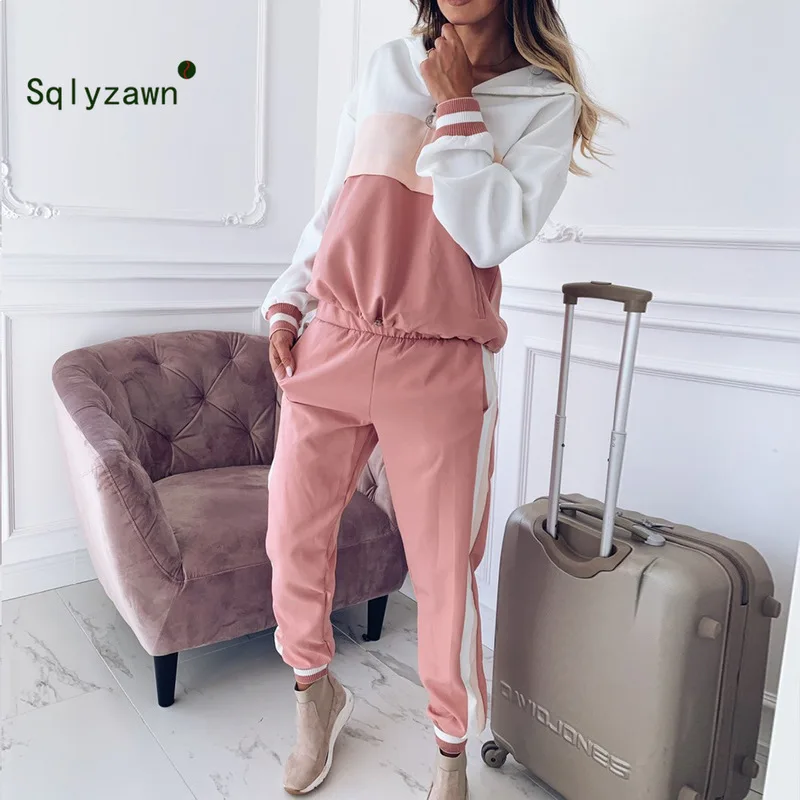 

Color Block Patchwork Sportwear Women Two Piece Outfits Hooded Long Sleeve Zip Pullover Top + Pants Tracksuit Women Matching Set