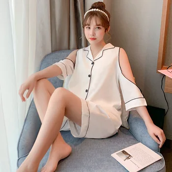 

White Pajamas Suit Womens Negligee Top&Shorts Sleep Set 2PCS Home Wear Summer Sleepwear Solid Turn-down Collar Sleepshirts