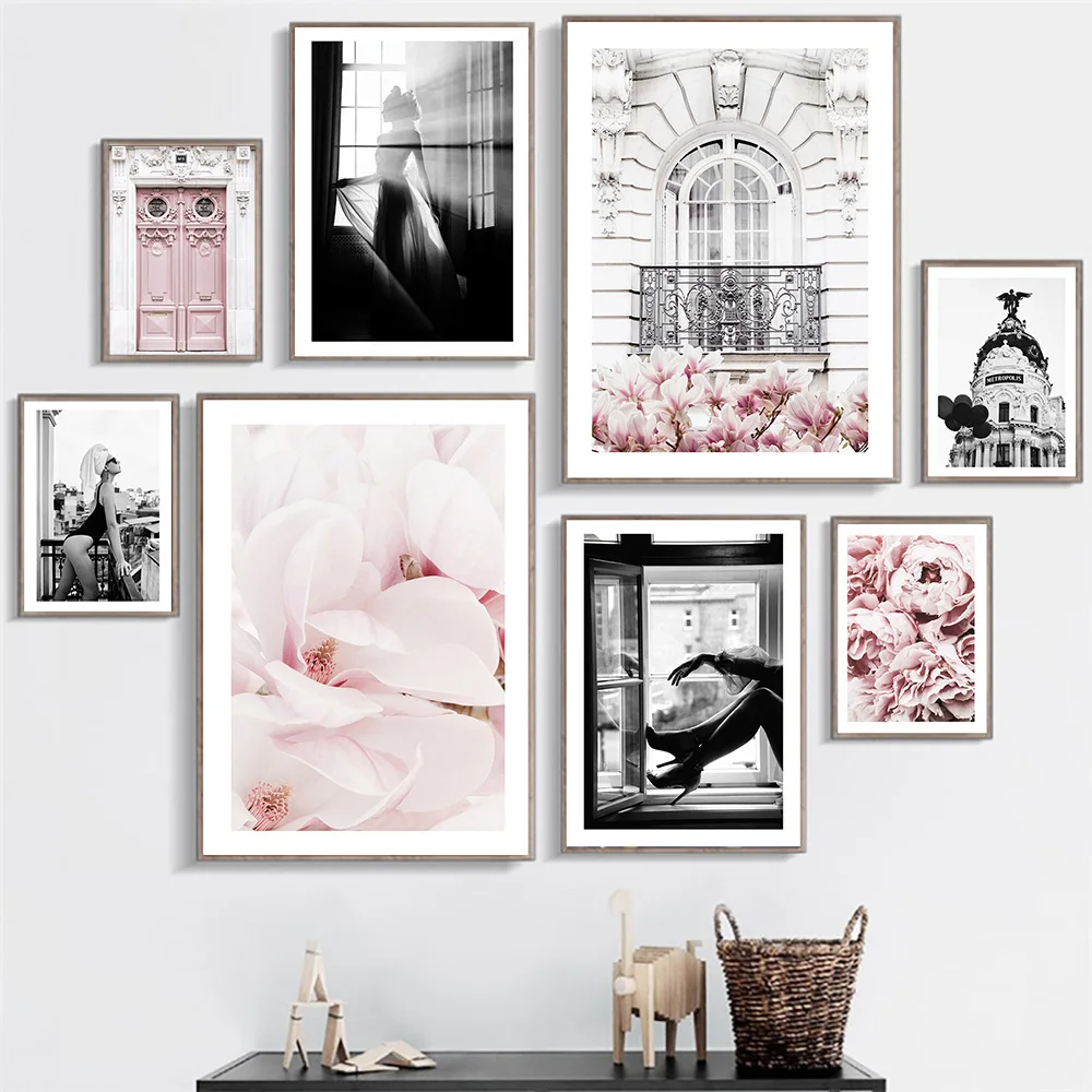Modern-Fashion-Girl-Picture-Home-Decor-Nordic-Pink-Flower-Style-Wall-Art-Black-White-Posters-and (1)