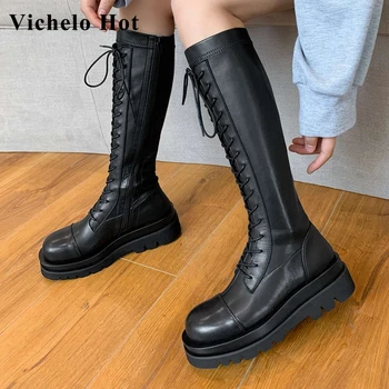 

Vichelo Hot 2021 new genuine leather round toe thick bottom motorcycle boots handsome young lady streetwear knee-high boots L08