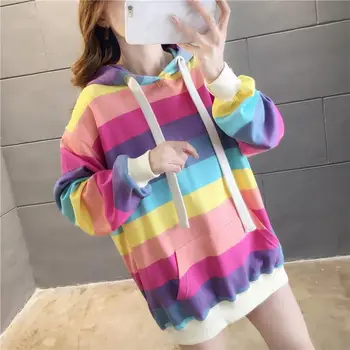

2019 Autumn Women Harajuku Loose Sweatshirt Drop-Shoulder Korean Rainbow Striped Sweatshirt Fashion Female Hooded Pullover