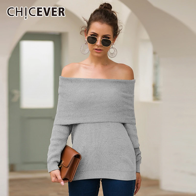 CHICEVER сексуальный вязаный свитер для женщин с открытыми плечами с вырезом лодочкой с длинным рукавом Свободные пуловеры Повседневные свитера женские осень