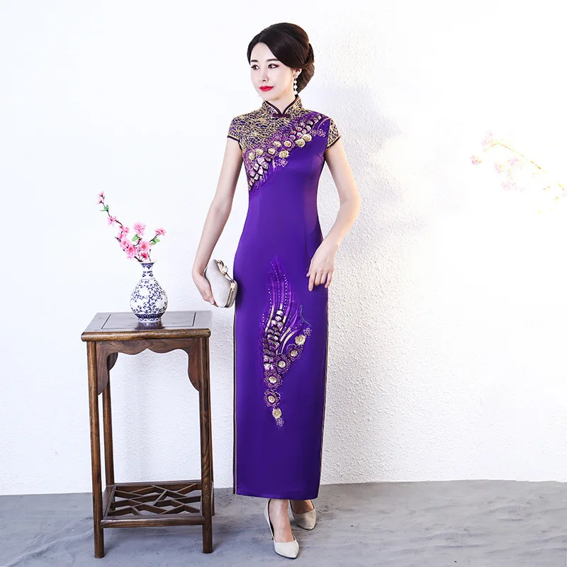 Китайский стиль длинный традиционный ченсам женские атласные длинные Qipao классические Чонсам с вышивкой летнее платье больших размеров S-5XL