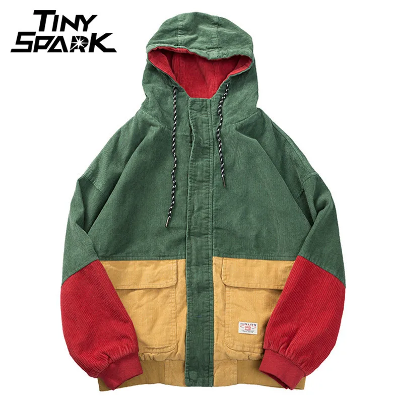 

Hip Hop Hoodie Loose Jacket Men Winter Corduroy Jacket Harajuku Red Patchwork Autumn Hooded Bomber Jacket Coat Reggae Jamaica