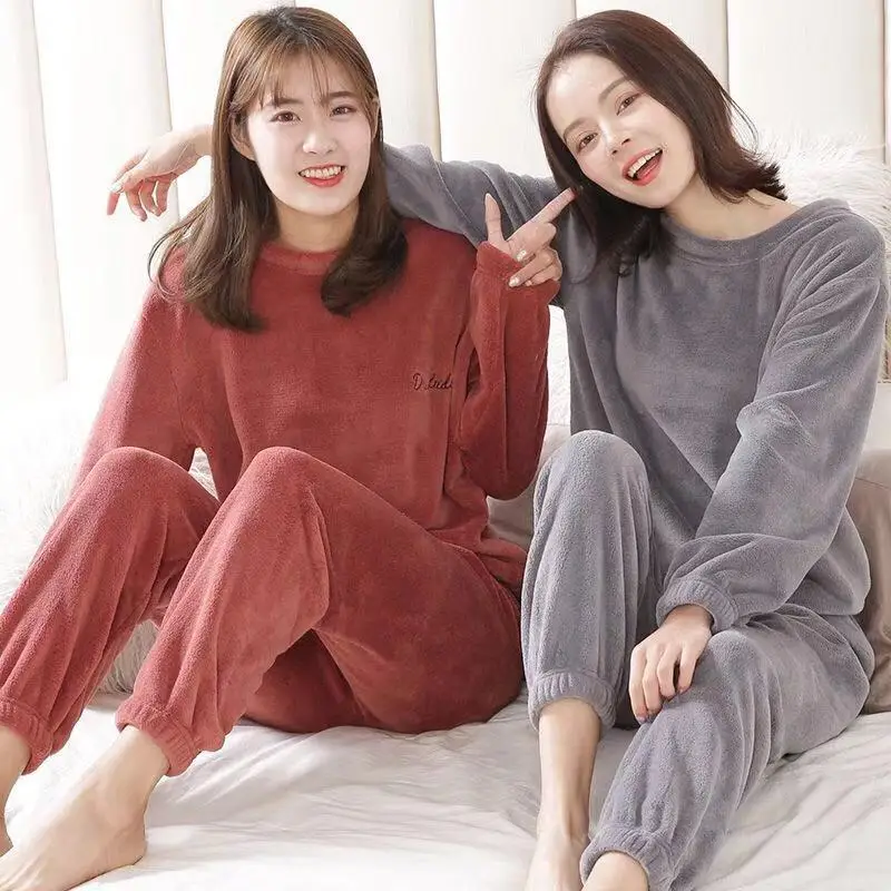 

Autumn Winter Warm Women Pajamas Sets Thick Flannel Coral Long Sleeve Female Pajama Pyjamas Set Sleepwear Home Clothing