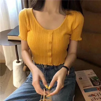 

Sweet Lace round Neck Short-Sleeved Knitted Sweater 2020 Summer Slim Fit All-match Buckle Short Navel T-shirt Top for Women