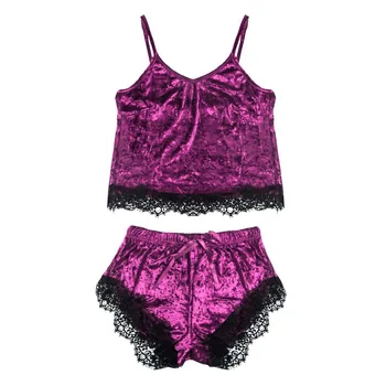 

1Set pajamas New Women Sexy Lace Splice Velvet Lingerie Camisole Shorts V-Neck Tops Velvet Pajamas Sleepwear пижама бархатная